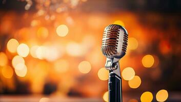 Retro microphone on stage with bokeh background. Music concept. AI Generated. photo