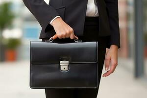 business woman holding a briefcase on the street, close-up. AI Generated. photo