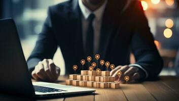 Close up of businessman using laptop and wooden blocks with question marks. Business concept. AI Generated. photo
