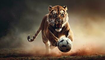 Tigre corriendo con fútbol pelota en acción. ai generado. foto