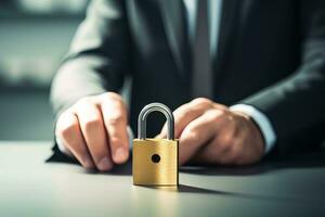 Close-up of businessman holding padlock on table in office. AI Generated. photo