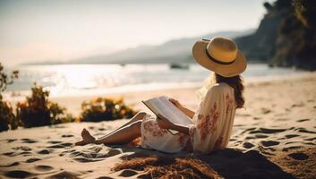 joven mujer en sombrero y vestir leyendo libro en playa a puesta de sol. ai generado. foto