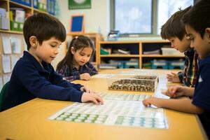 niños jugando tablero juego en elemental colegio aula. educación y entretenimiento concepto. ai generado. foto