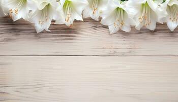 White lily flowers on wooden background. Top view with copy space. AI Generated. photo