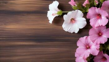 Pink and white flowers on a wooden background. View from above. AI Generated. photo