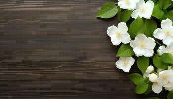 White jasmine flowers on brown wooden background. Top view with copy space. AI Generated. photo