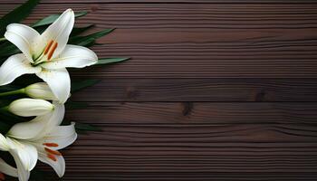 White lily flowers on wooden background. Top view with copy space. AI Generated. photo