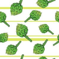 Seamless pattern of whole green artichokes, raw edible flower buds, organic plant food for salad and cooking. vector illustration of doodles on striped background