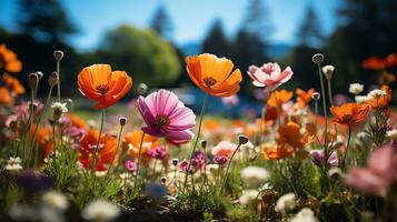 a vase with flowers on a table against an orange and blue wall ai generated photo