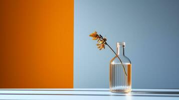 a vase with flowers on a table against an orange and blue wall ai generated photo