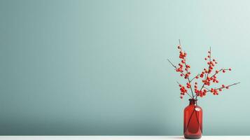 un florero con flores en un mesa en contra un naranja y azul pared ai generado foto