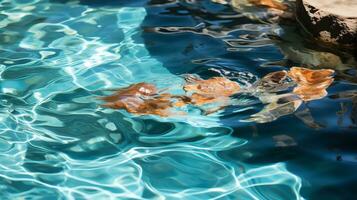 a rock in a pool with water and leaves AI Generative photo