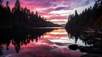 the sun sets over a lake surrounded by trees photo