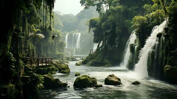 a river running through a forest with rocks and trees ai generated photo