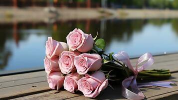 a bouquet of pink roses sitting on a wooden bench ai generated photo