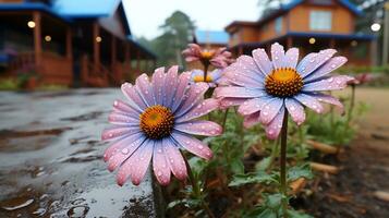 un grupo de púrpura rosas con agua gotas en ellos ai generativo foto