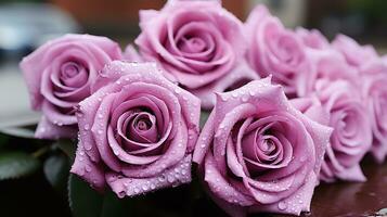 a group of purple roses with water droplets on them AI Generative photo