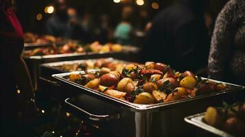 a buffet line with food in metal trays ai generated photo