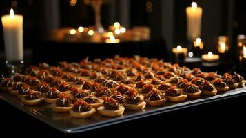 un buffet línea con comida en metal bandejas ai generado foto