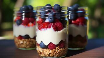 a stack of pancakes with berries and cream AI Generative photo