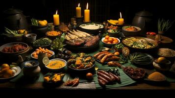 un mesa lleno de comida y bebidas ai generativo foto