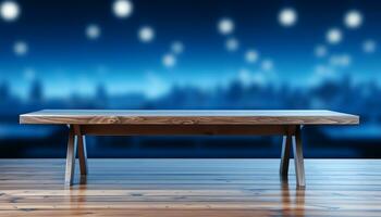 wood table with golden glitter on dark background AI Generative photo