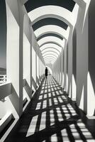 Light tunnel perspective and projected shadows, with human silhouette. ai generated photo