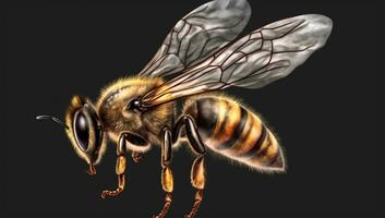 Vibrant AI generator illustration of very realistic bee isolated in black background photo