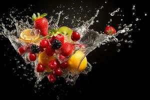 Vibrant AI generator illustration of various fruits in splashing water photo