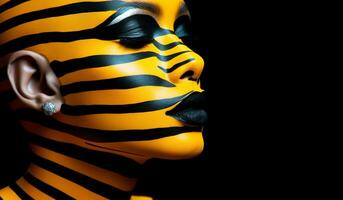 Fantasy face painting, zebra look, in yellow and black. AI generated photo