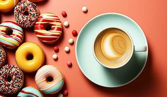 rosado taza de café y sabroso donas ai generado foto