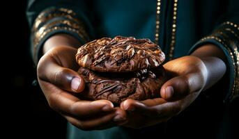 Hands offering chocolate chip cookies. AI generated photo