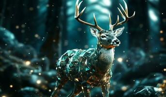 Bright christmas landscape with illuminated deer closeup. AI generated photo