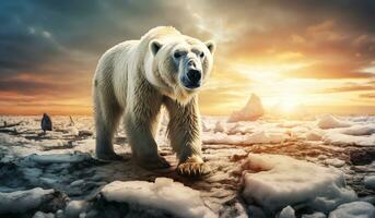 Polar bear in thaw zone due to climate change. AI generated photo