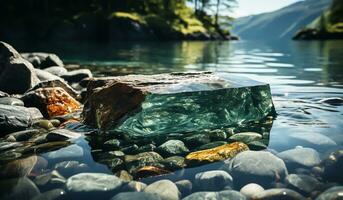 River with stones and calm and transparent water. AI generated photo