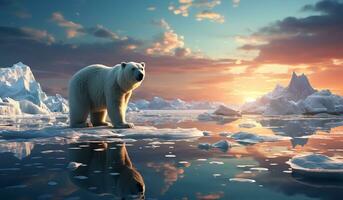 Polar bear in thaw zone due to climate change. AI generated photo