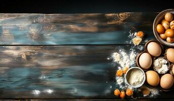Rustic blue wooden table with eggs, flour, sugar and other ingredients for cooking. AI generated photo