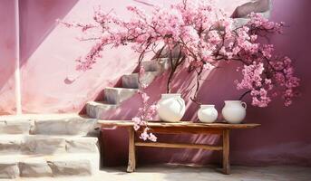 Minimalist decor in pink painted exterior house. AI generated photo