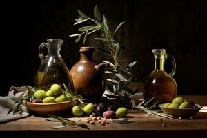 todavía vida de aceitunas y aceituna petróleo botellas en de madera mesa. ai generado foto