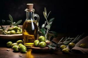 todavía vida de aceitunas y aceituna petróleo botellas en de madera mesa. ai generado foto