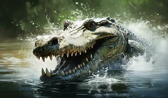 Fierce crocodile in splashing water. AI generated photo