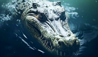 Fierce crocodile in splashing water. AI generated photo