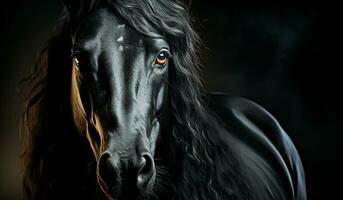 Majestic closeup of a black horse. AI generated photo