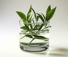 planta en vaso de agua en minimalista concepto. ai generado foto