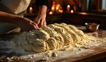 un pan preparación por panadería manos. ai generado foto