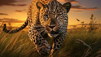 de cerca de un grande leopardo en el sabana. ai generado foto