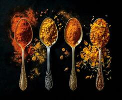 Food spices in vibrant colors in spoons on a wooden table. AI generated photo