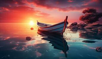 Wooden boat at majestic sunset on the beach. AI generated photo