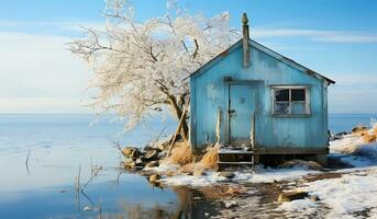 Minimalist winter landscape by the water, with a wooden cabin. AI generated photo