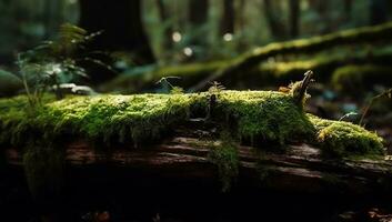 Tree branch covered with green moss in forest. AI generated photo